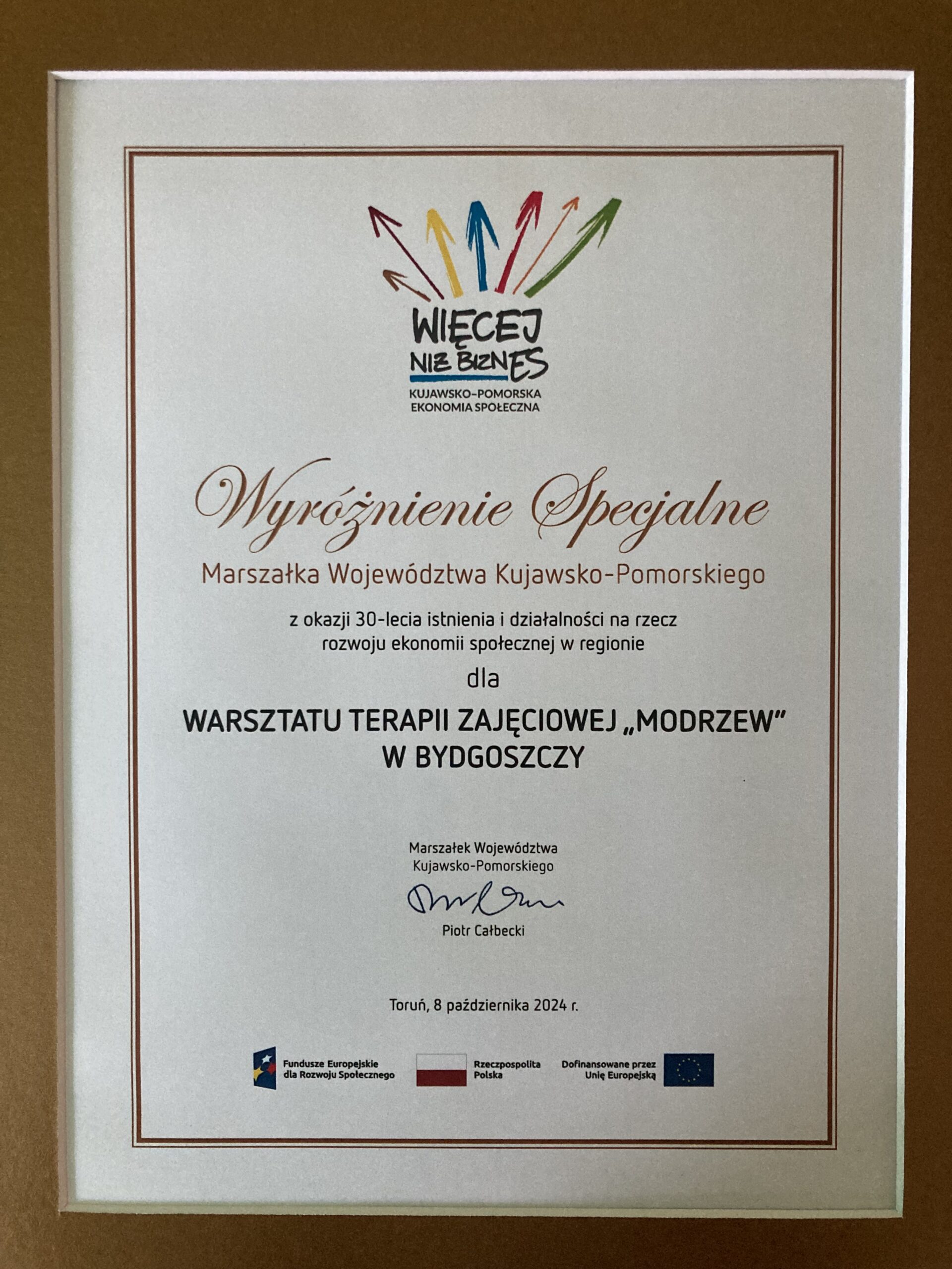 Wyróżnienie od Marszałka Województwa kujawsko-pomorskiego dla WTZ Modrzew